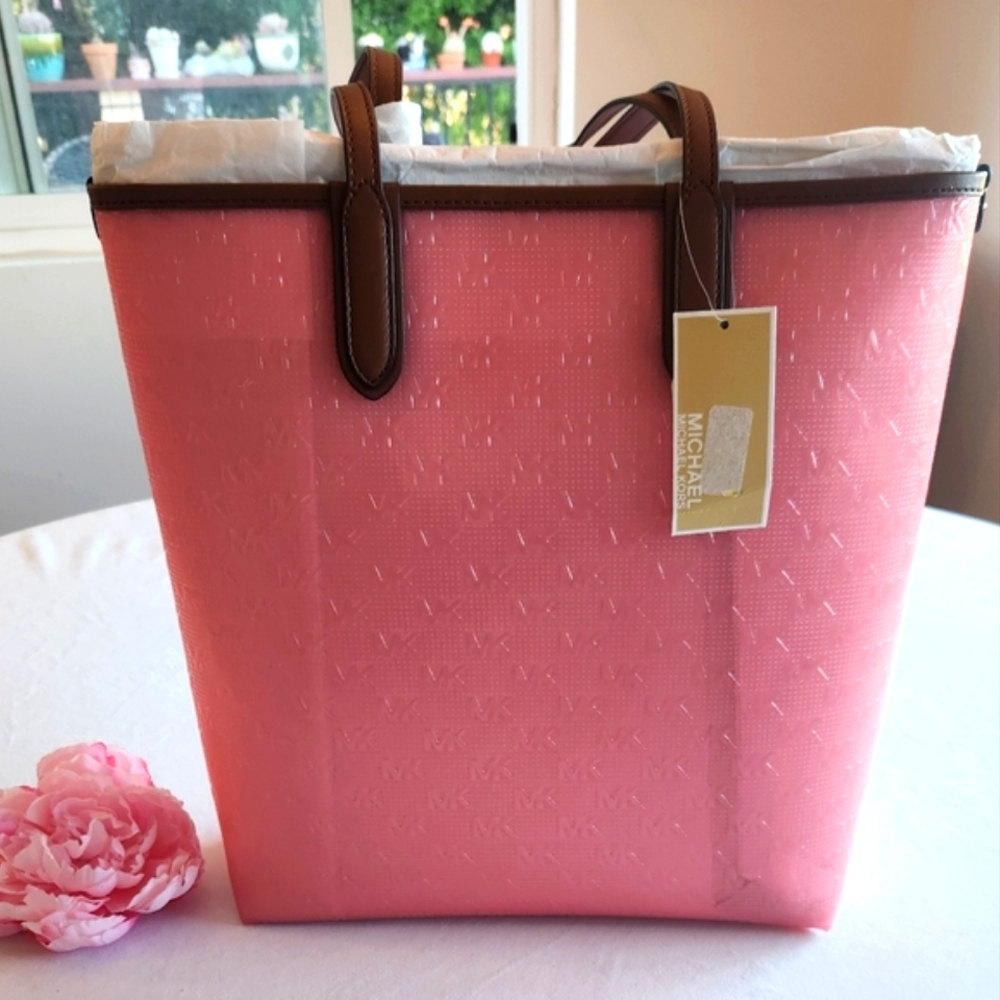 🏷️MK Eliza Large NS Tote Bag with Pouch Clear Geranium PINK - Picture 2 of 11